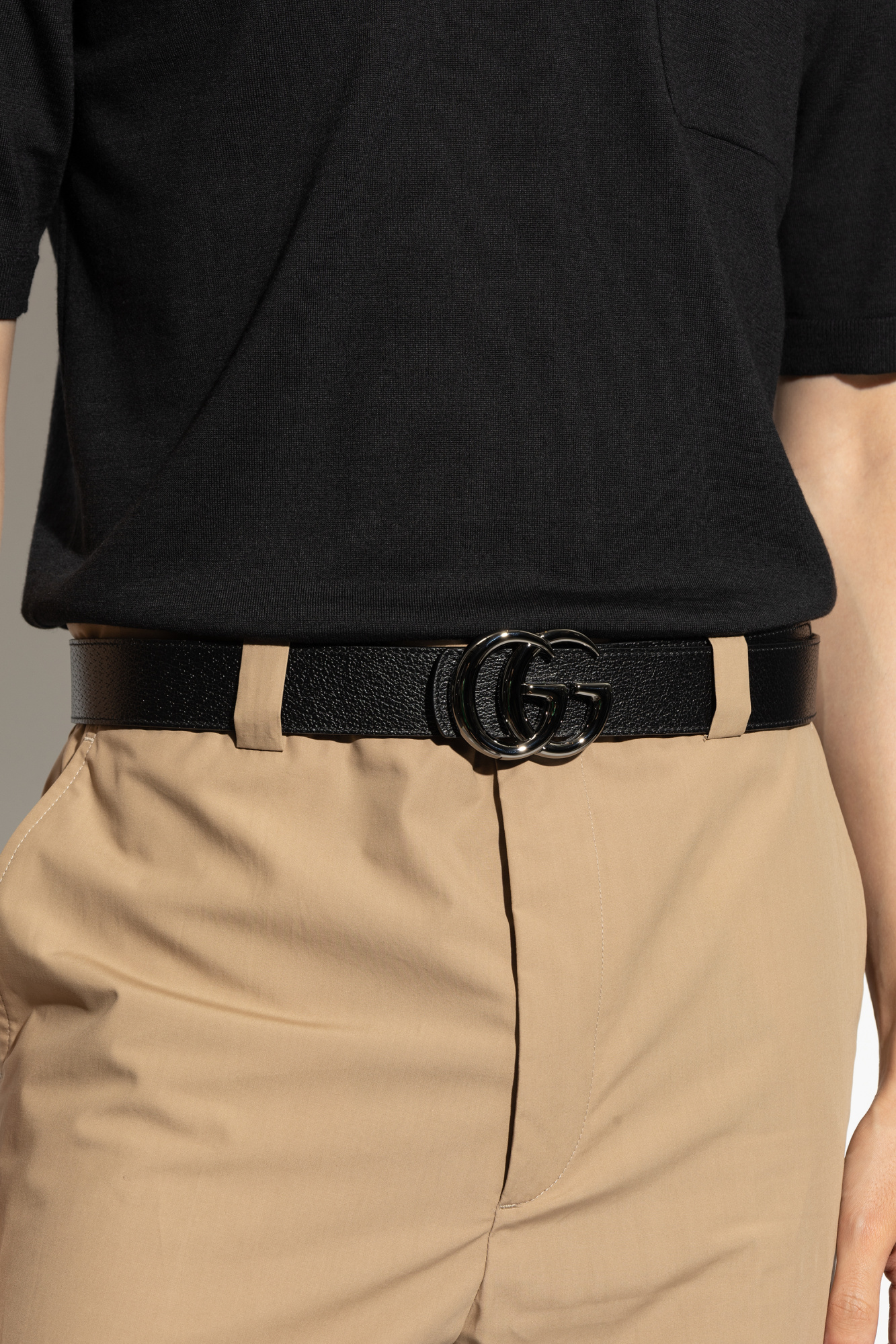 GUCCI GGパターン ベルト 85cm GG Marmont wide belt with shiny buckle in black leather